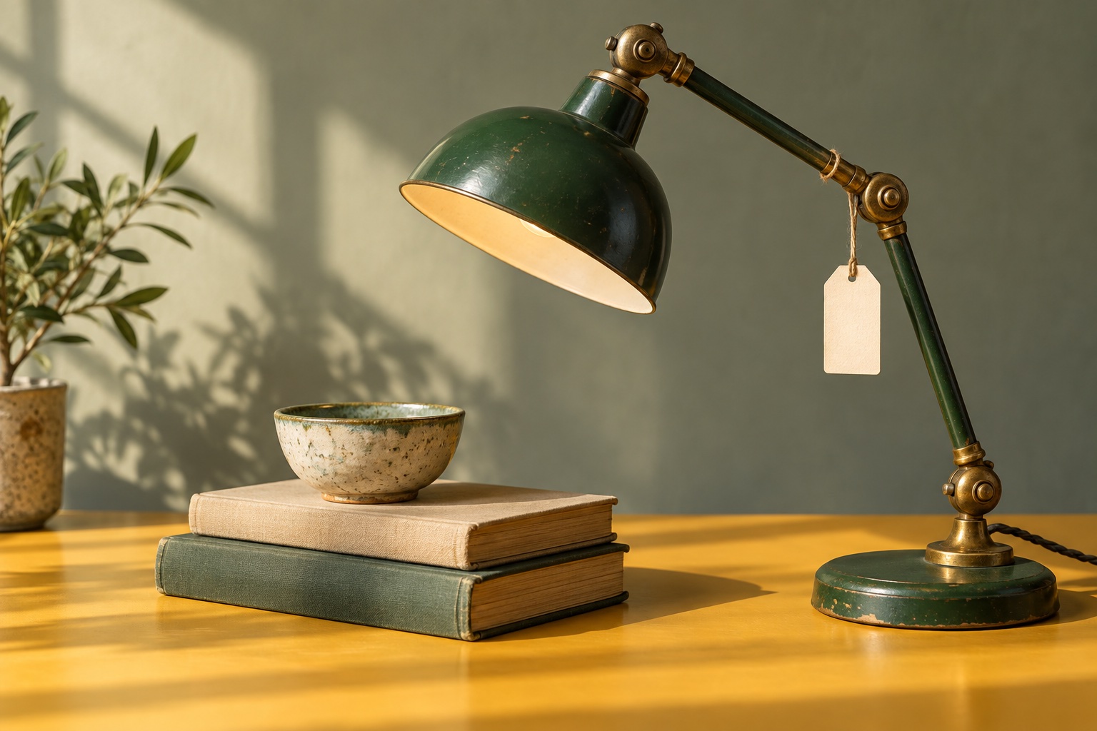 A vintage green desk lamp, well-loved books, and a ceramic bowl, ready for a second look.